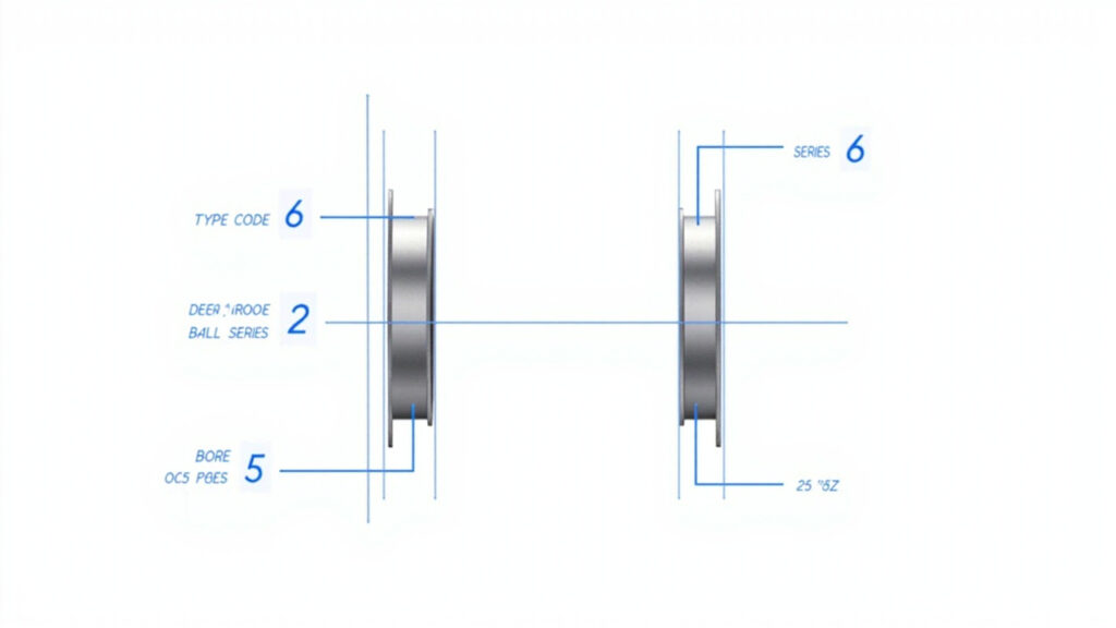 Industrial bearing specification codes diagram showing 6205-2Z bearing designation breakdown