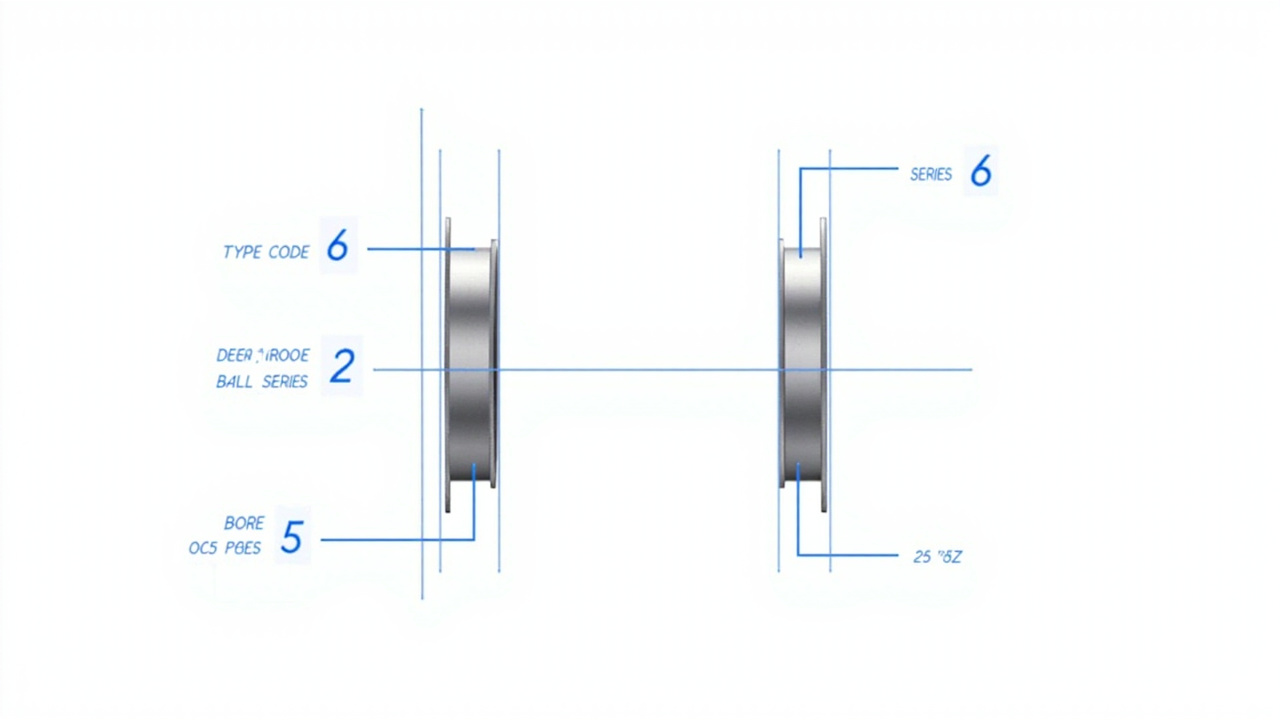 Industrial bearing specification codes diagram showing how to read 6205-2Z bearing designations including type code, series, bore diameter, and seal types