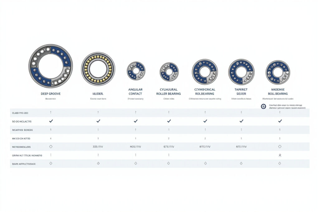 Industrial bearing types comparison chart 2026: ball bearings, roller bearings, tapered, spherical, ceramic, stainless steel