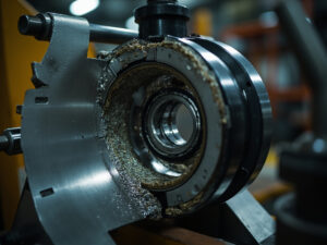 Industrial bearing showing visible spalling and wear damage for bearing failure analysis reference